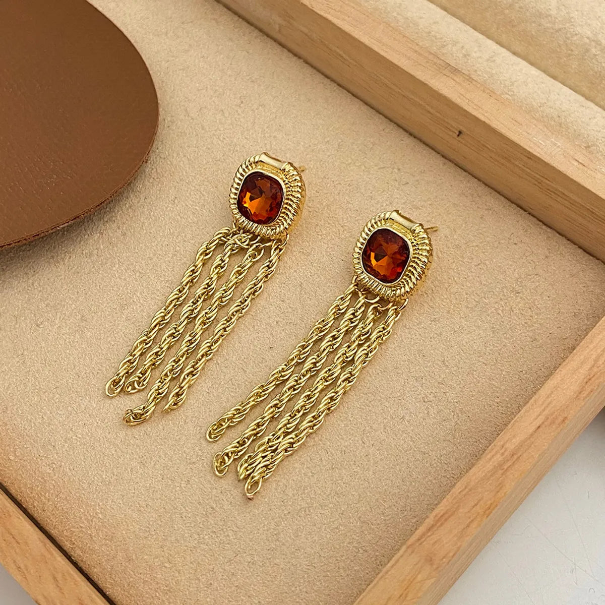 1 Pair Retro Square Tassel Inlay Copper Artificial Gemstones 14k Gold Plated Drop Earrings