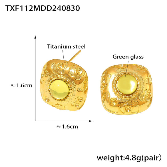 Retro Square Thread Green Glass Titanium Steel Earrings And Open Ring For Women Pvd Plated 18K Gold Court Style