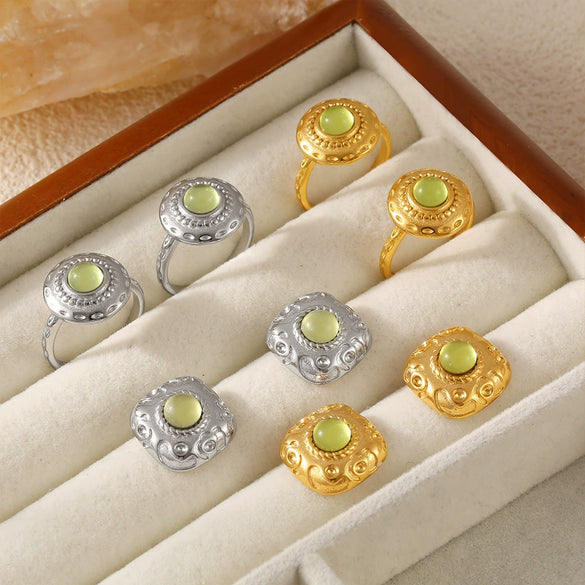 Retro Square Thread Green Glass Titanium Steel Earrings And Open Ring For Women Pvd Plated 18K Gold Court Style