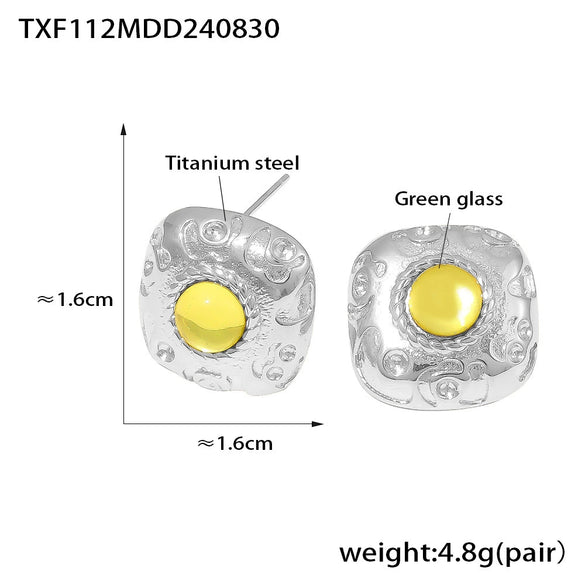 Retro Square Thread Green Glass Titanium Steel Earrings And Open Ring For Women Pvd Plated 18K Gold Court Style