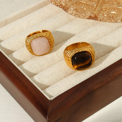 Retro Square Tiger Eye Titanium Steel 18K Gold Plated Pink Crystal Tiger Eye Rings In Bulk