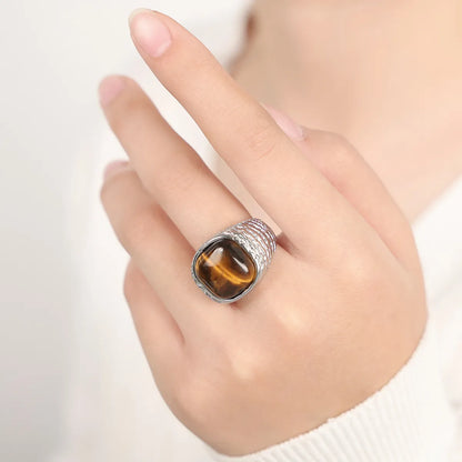 Retro Square Tiger Eye Titanium Steel 18K Gold Plated Pink Crystal Tiger Eye Rings In Bulk