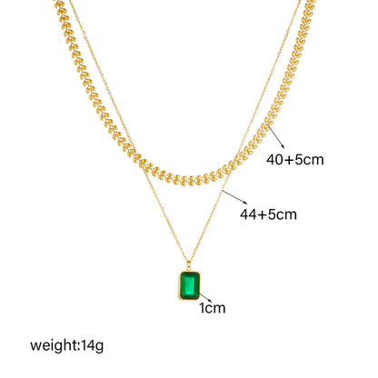 Retro Square Titanium Steel Plating Inlay Artificial Gemstones 18k Gold Plated Double Layer Necklaces