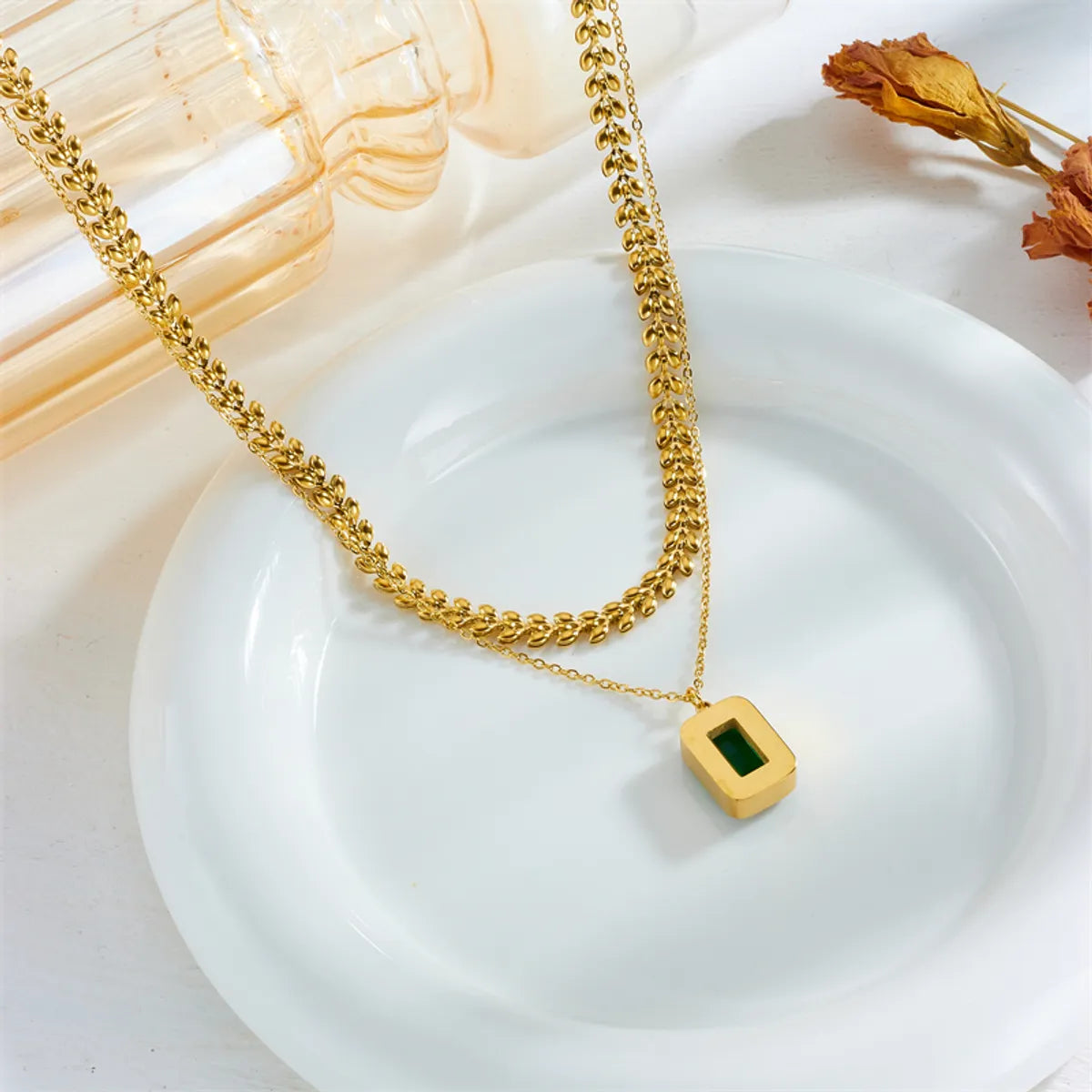 Retro Square Titanium Steel Plating Inlay Artificial Gemstones 18k Gold Plated Double Layer Necklaces