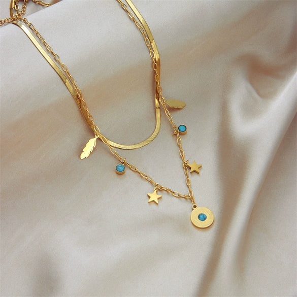 Retro Stacked Doublelayer Stainless Steel Chain Blue Turquoise Geometric Round Star Feather Pendant Necklace With Electroplating
