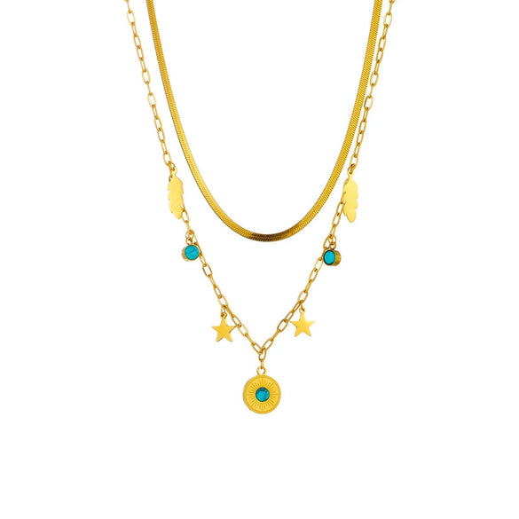 Retro Stacked Doublelayer Stainless Steel Chain Blue Turquoise Geometric Round Star Feather Pendant Necklace With Electroplating