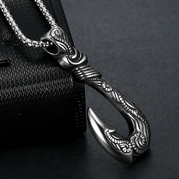 Retro Stainless Steel Fishhook Pendant Necklace Titanium Steel Fishhook Shape Pendant With Square Pearl Chain For Men And Women