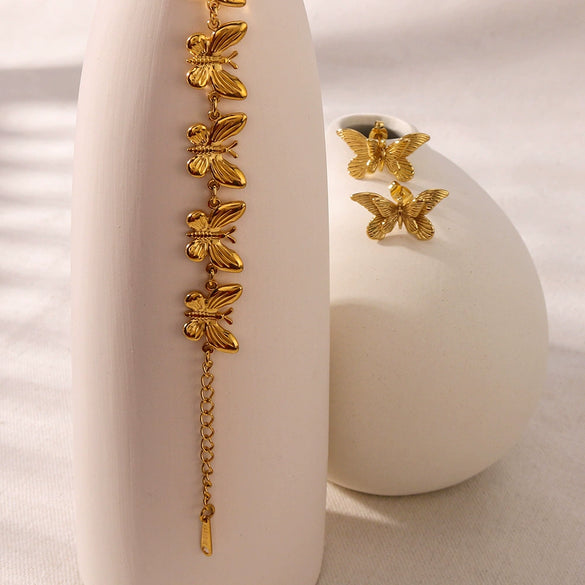 Retro Stainless Steel Golden Bow Bracelet And Earrings Set With Geometric And Animal Zodiac Patterns Furnace Vacuum Plated 18K For Women