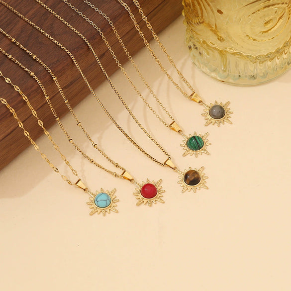 Retro Stainless Steel Natural Stone Pendant Necklace