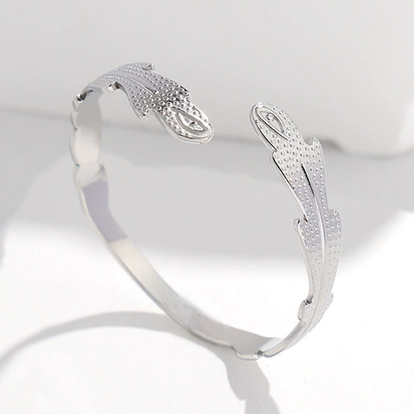 Retro Stainless Steel Open Bracelet With Feather And Cross Design Electroplated For Female
