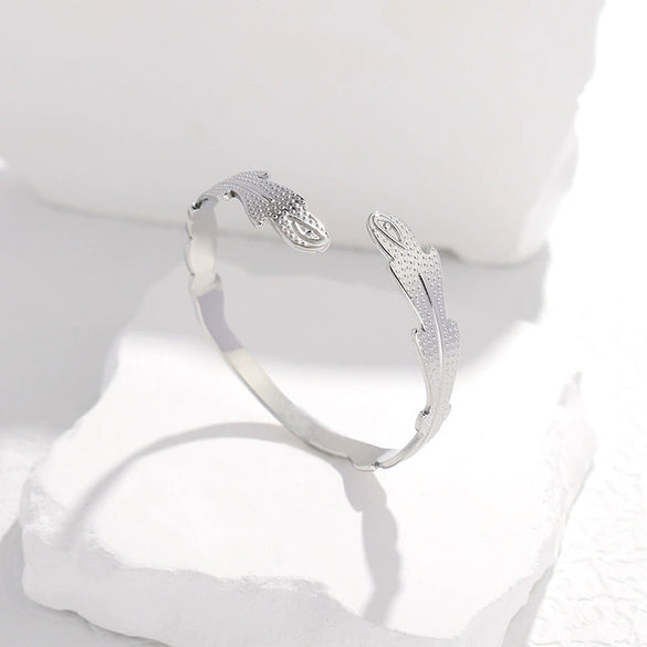Retro Stainless Steel Open Bracelet With Feather And Cross Design Electroplated For Female