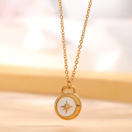 Retro Star Moon Titanium Steel Enamel Plating Inlay Natural Stone Resin Rhinestones Gold Plated Pendant Necklace