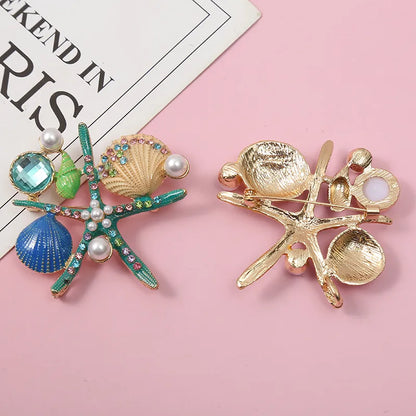 Retro Starfish Ocean Shell Imitation Pearl Rhinestone Metal Enamel Unisex Brooches