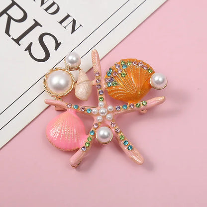 Retro Starfish Ocean Shell Imitation Pearl Rhinestone Metal Enamel Unisex Brooches