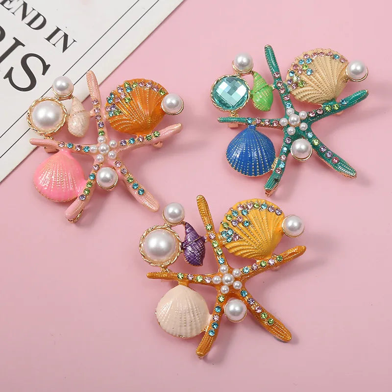 Retro Starfish Ocean Shell Imitation Pearl Rhinestone Metal Enamel Unisex Brooches