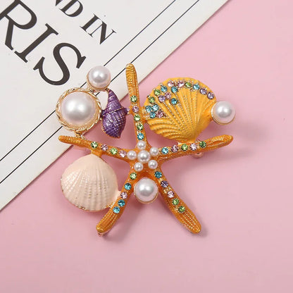 Retro Starfish Ocean Shell Imitation Pearl Rhinestone Metal Enamel Unisex Brooches