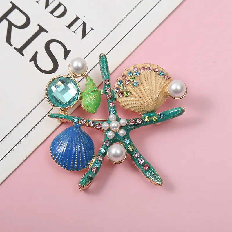 Retro Starfish Ocean Shell Imitation Pearl Rhinestone Metal Enamel Unisex Brooches