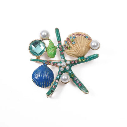 Retro Starfish Ocean Shell Imitation Pearl Rhinestone Metal Enamel Unisex Brooches