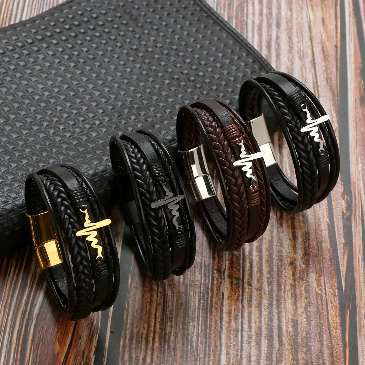 Retro Streetwear Electrocardiogram Stainless Steel Pu Leather Men'S Bangle