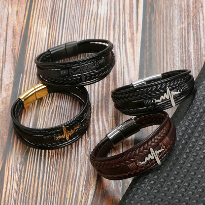 Retro Streetwear Electrocardiogram Stainless Steel Pu Leather Men'S Bangle