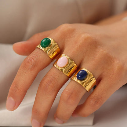 Retro Streetwear Oval Stainless Steel Plating Inlay Natural Stone 18k Gold Plated Open Rings