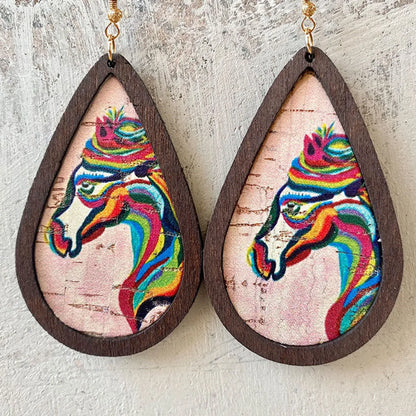 Retro Stripe Water Droplets Horse Pu Leather Wood Iron Women's Earrings 1 Pair