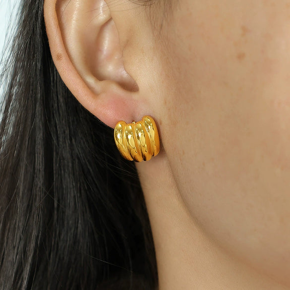 Retro Striped 316L Stainless Steel Round Pumpkin Earrings For Women Electroplated With 18K Gold