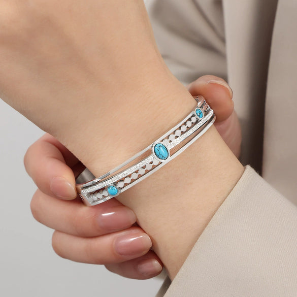 Retro Style Blue Turquoise Inlaid Zircon Buckle Hollow Bracelet Titanium Steel Gold Plated Electroplated