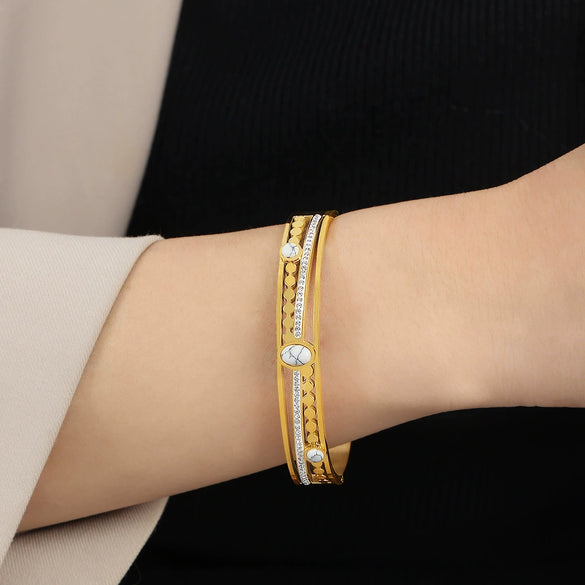 Retro Style Blue Turquoise Inlaid Zircon Buckle Hollow Bracelet Titanium Steel Gold Plated Electroplated