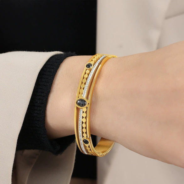 Retro Style Blue Turquoise Inlaid Zircon Buckle Hollow Bracelet Titanium Steel Gold Plated Electroplated