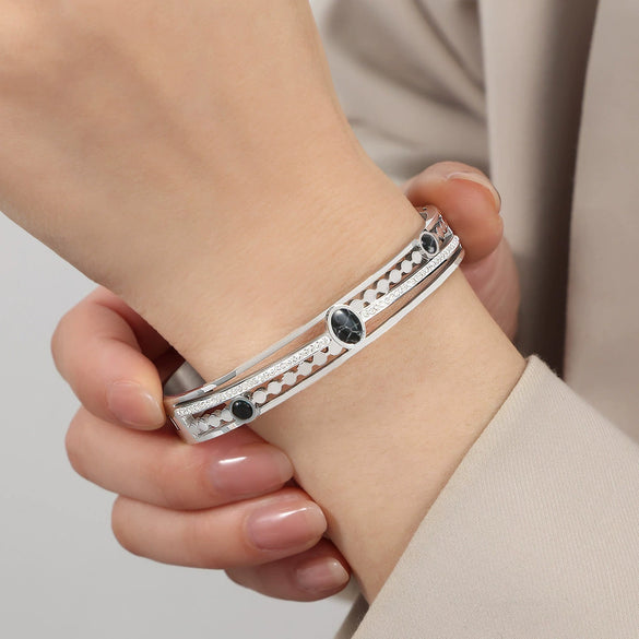 Retro Style Blue Turquoise Inlaid Zircon Buckle Hollow Bracelet Titanium Steel Gold Plated Electroplated