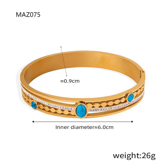 Retro Style Blue Turquoise Inlaid Zircon Buckle Hollow Bracelet Titanium Steel Gold Plated Electroplated