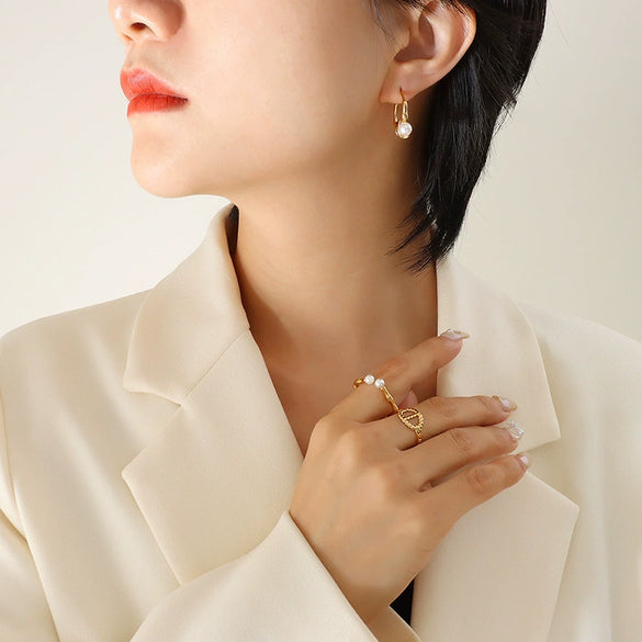 Retro Style Geometric Imitation Pearl Inlaid 316L Stainless Steel Goldplated Ring Knotted Earrings