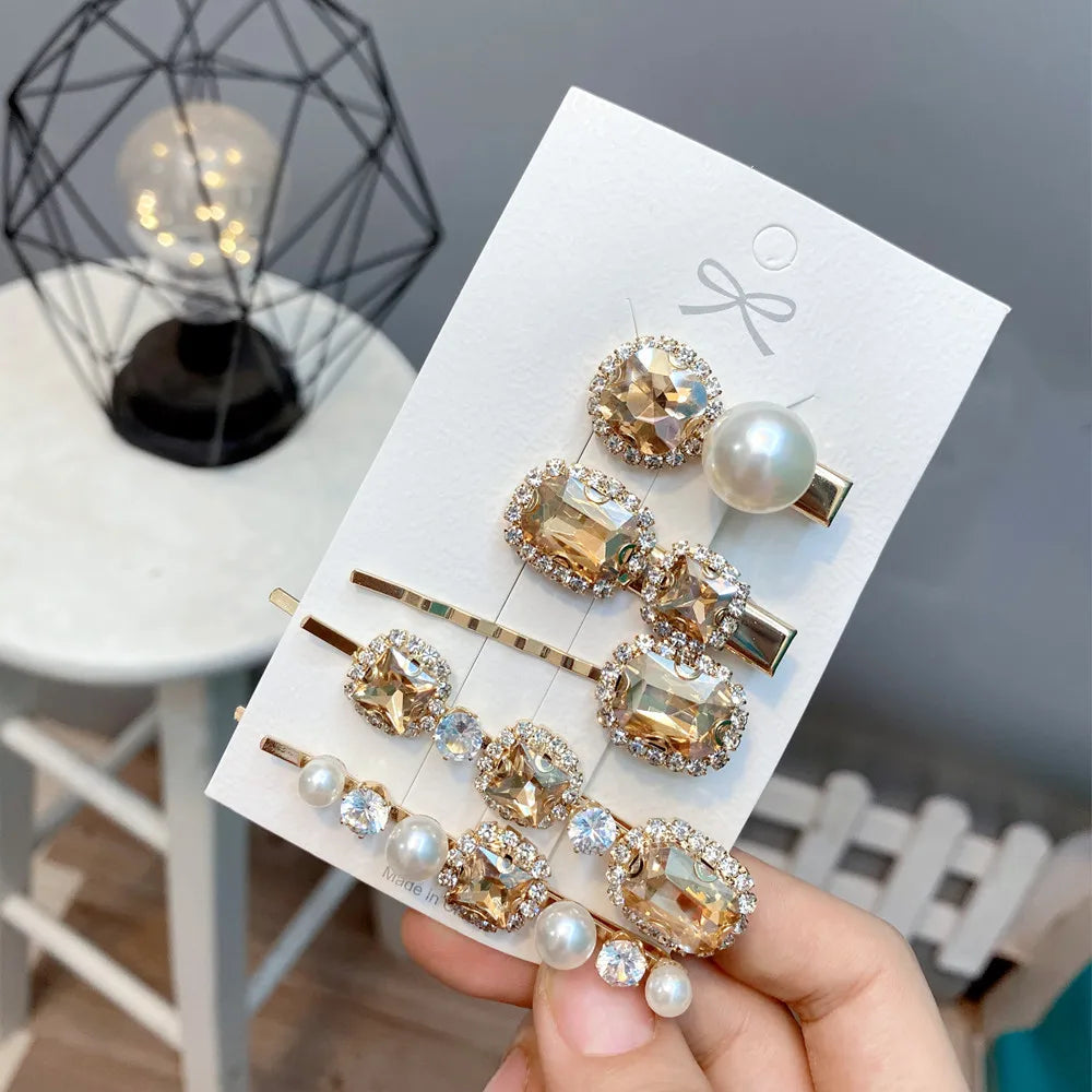 Retro Style Geometric Rhinestone One-Word Hair Clip 5-Piece Set