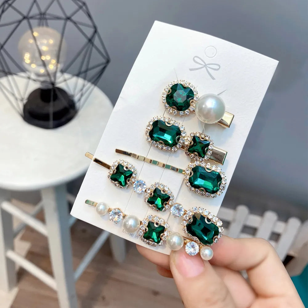 Retro Style Geometric Rhinestone One-Word Hair Clip 5-Piece Set