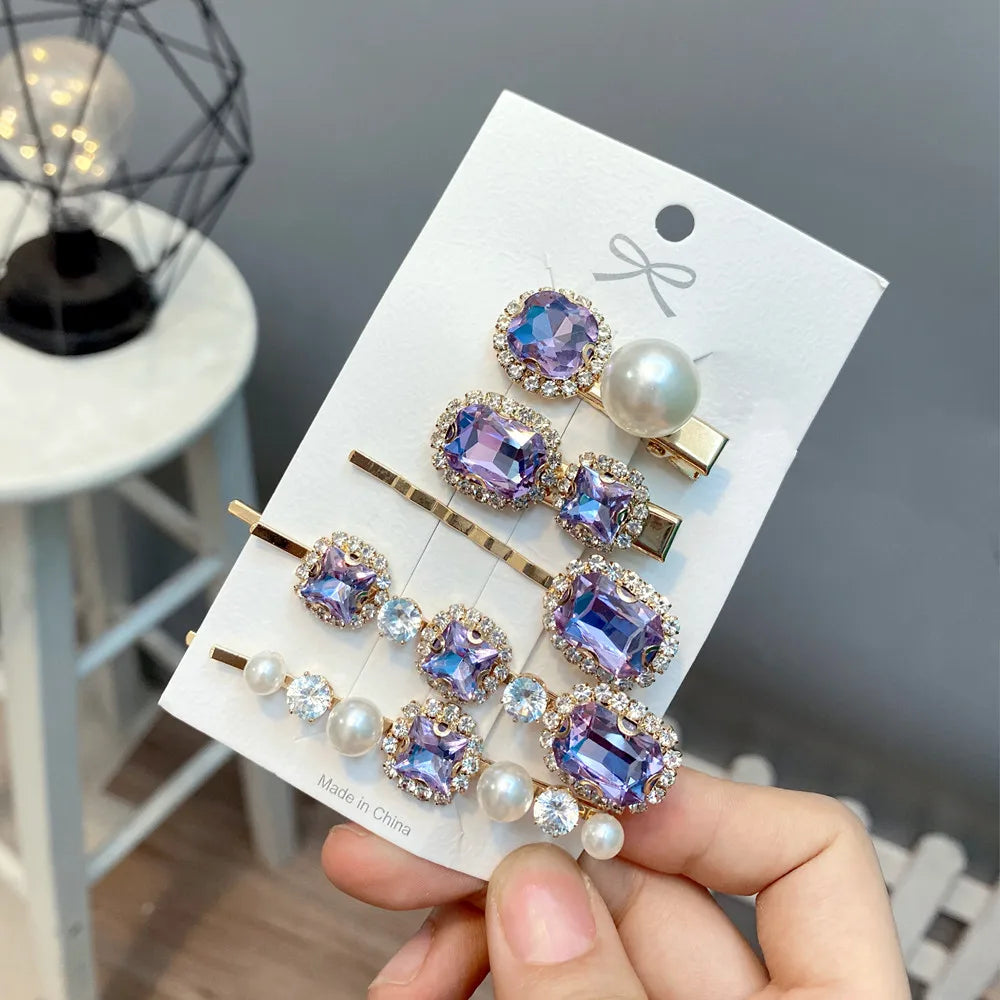 Retro Style Geometric Rhinestone One-Word Hair Clip 5-Piece Set