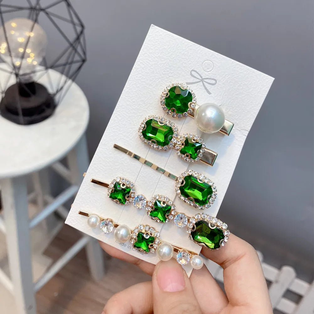 Retro Style Geometric Rhinestone One-Word Hair Clip 5-Piece Set