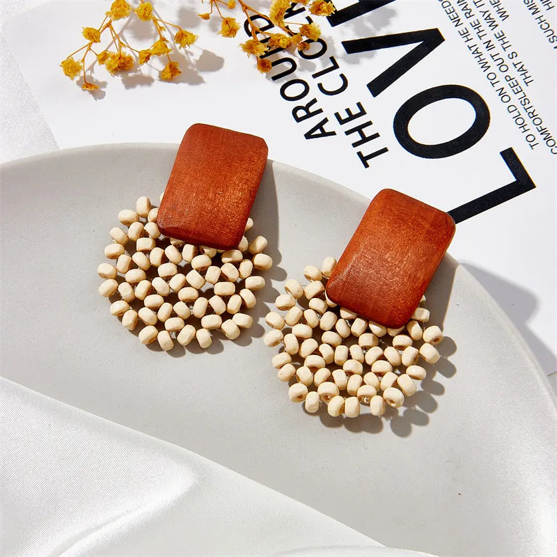 Retro Style Geometric Round Plate Hollow Beaded Earrings