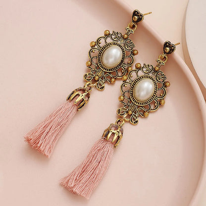 Retro Style Hollow Pearl Tassel Geometric Pendant Earrings