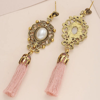 Retro Style Hollow Pearl Tassel Geometric Pendant Earrings