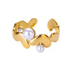 Retro Style Irregular Imitation Pearl And Stainless Steel Heart Shape Open Ring For Women With Electroplating