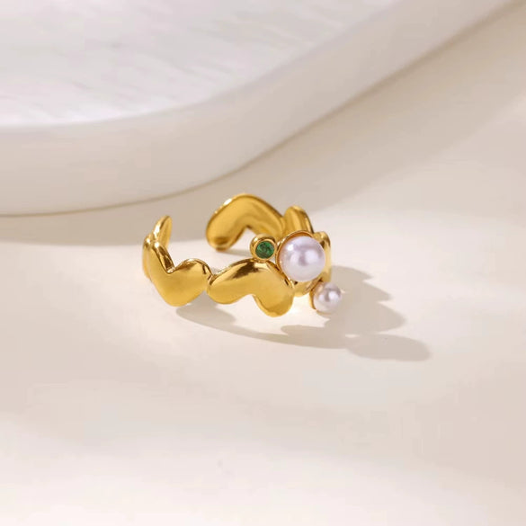 Retro Style Irregular Imitation Pearl And Stainless Steel Heart Shape Open Ring For Women With Electroplating