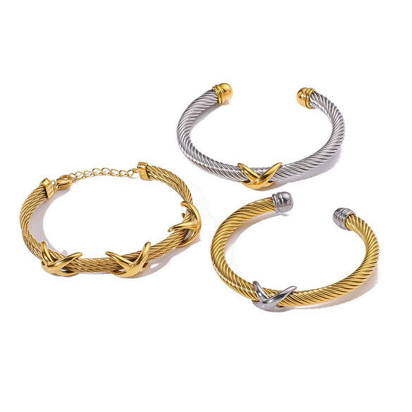 Retro Style Letter Woven Open Bracelet Stainless Steel 18K Gold Plated Jewelry