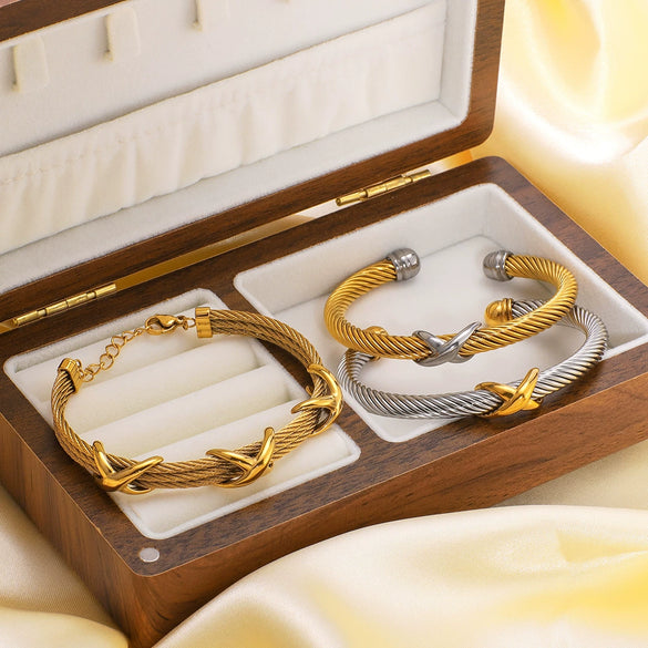 Retro Style Letter Woven Open Bracelet Stainless Steel 18K Gold Plated Jewelry
