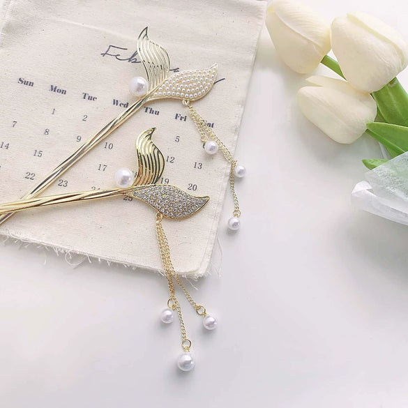Retro Style Metal Handmade Fishtail Pearl Rhinestone Tassel Hairpin Hair Accessories