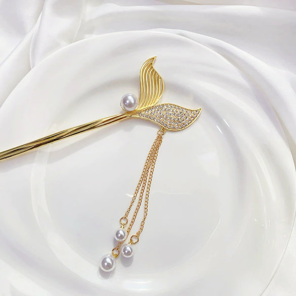 Retro Style Metal Handmade Fishtail Pearl Rhinestone Tassel Hairpin Hair Accessories