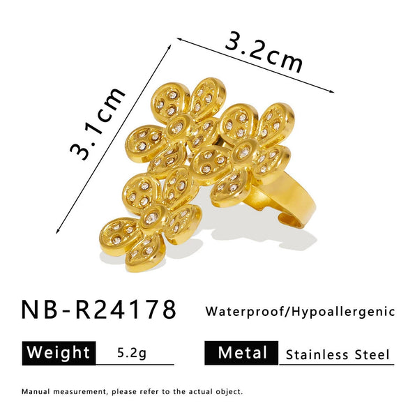 Retro Style Micro Inlaid Zircon Open Stainless Steel Ring With Five Petal Plum Blossom Pattern Electroplated For Women