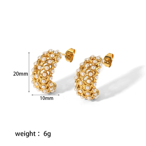 Retro Style Pearl Hollow Zircon Electroplated Stainless Steel Women's Earrings With Geometric Pattern