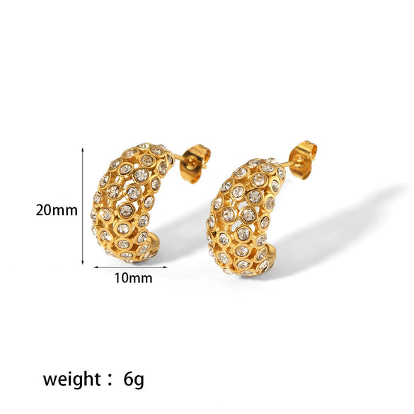 Retro Style Pearl Hollow Zircon Electroplated Stainless Steel Women's Earrings With Geometric Pattern
