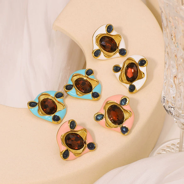 Retro Style Stainless Steel 18K Geometric Irregular Round Exaggerated Multicolor Waterproof Earrings For Women With Furnace Vacuum Plating